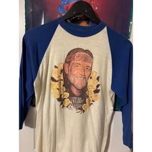Vintage 80s Willie Nelson Raglan  Large Denny Rogers Yellow Roses Blue Cream